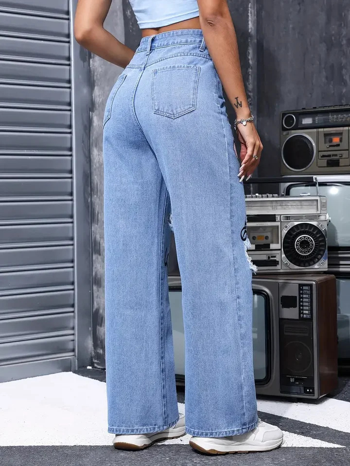 Womens High Waist Button Up Print Jeans Fashion Casual Straight Pants for Women Spring Summer Chic Ripped 250311