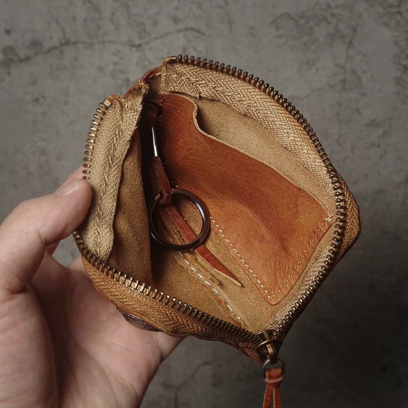 Top Cowhide Car Key Bags Men Women Vintage Zipper Coin Purse Genuine Leather Wallet Card Holde |Housekeeper Home Organizer 250311
