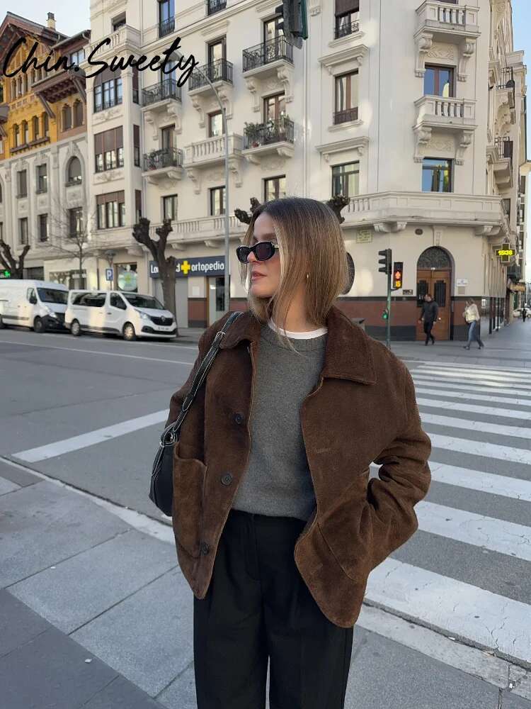 Casual Suede Brown Women Jacket Vintage Lapel Button Long Sleeve Pocket Female Coat 2025 Spring Autumn Lady Urban Streetwear