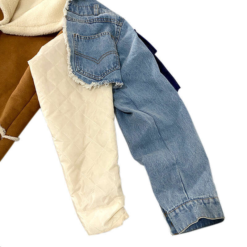 Australian Trendy Brand New Plush Denim Patchwork For Winter Lambhair Inner Lining With Large Lapel Collar, Long And Thick Cotton Jacket