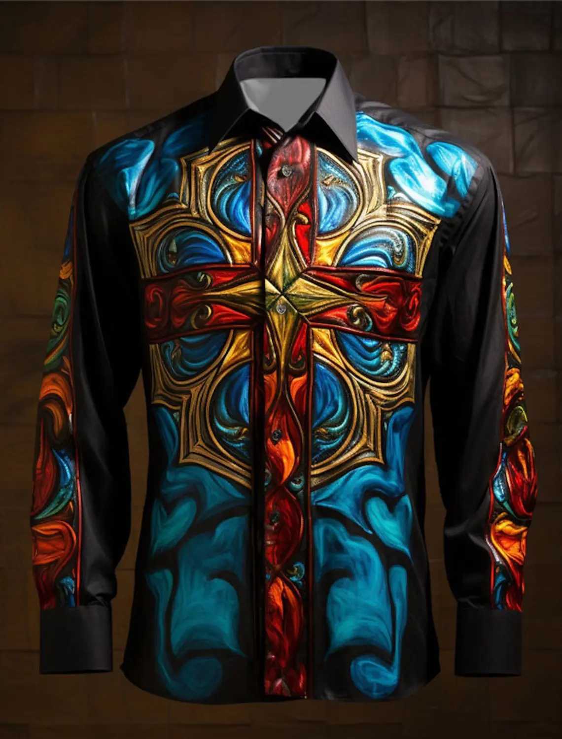 2024 Colorful Cross Art Abstract Mens Shirt worn daily with autumn revolving door long sleeved 4-way stretch fabric shirt W250312
