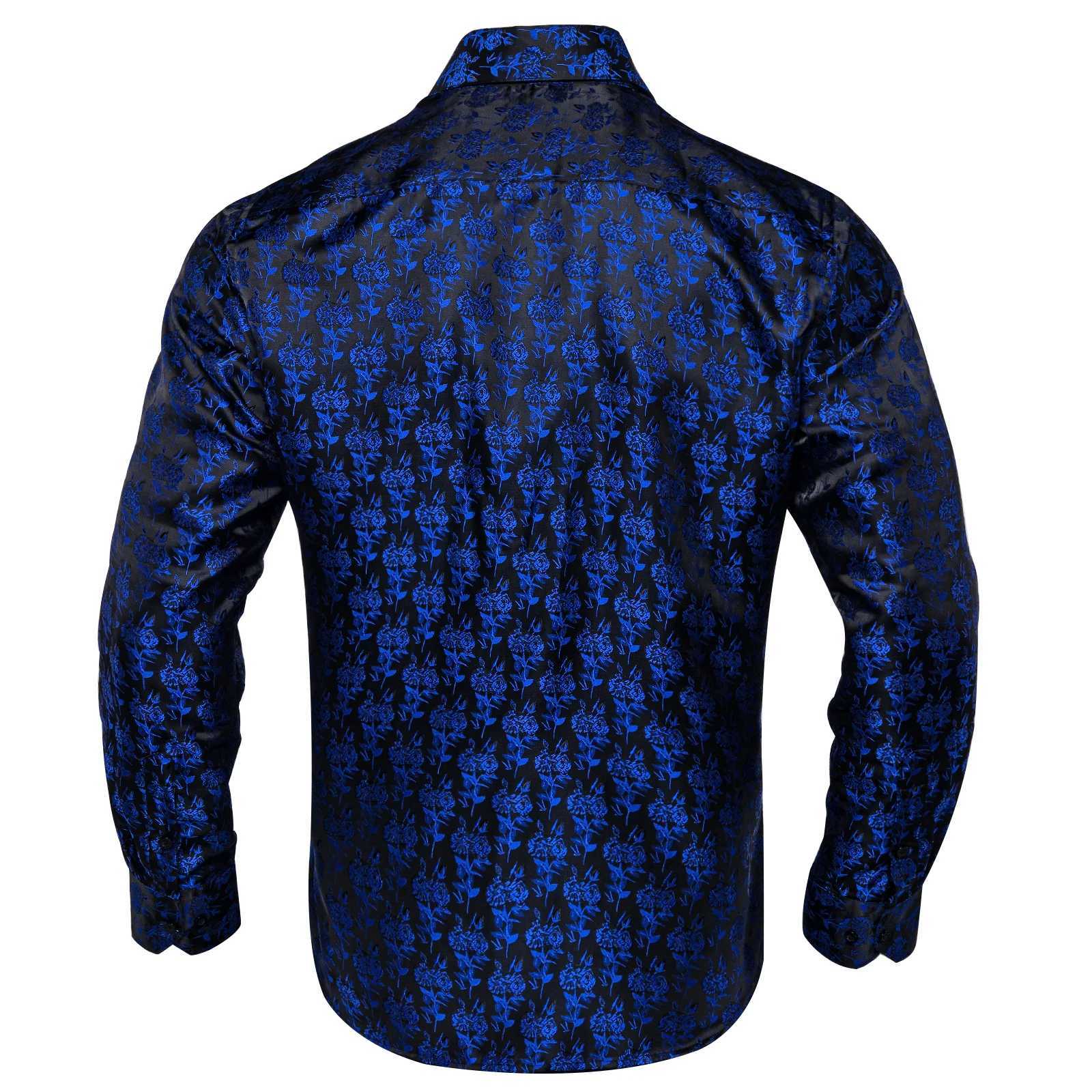 2023 Mens Silk Shirts Long Sleeve Blue Black Formal Dress Social Turn-Down Shirt With Golden Collar Pin Male Blouse Casual Tops W250312