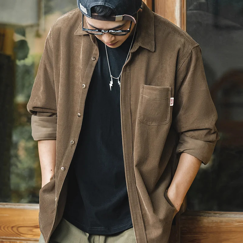 Maden Mens Shirt Casual Corduroy Long Sleeve Shirts Slim Fit Overcoat Spring Fleece Jacket Clothing Retro Fashion Blouses 250312