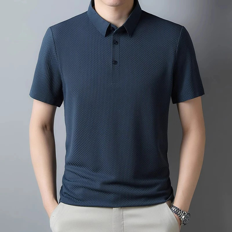 Mens thin polo shirt business casual Tshirt hollow cool breathable summer gray navy bluegreen mens 250312