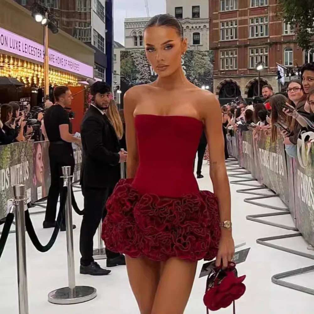 Mingmingxi Winter Strapless Sexy Tail New Year Party Dresses Women 2024 Red Mini Lace Up Elegant Dress