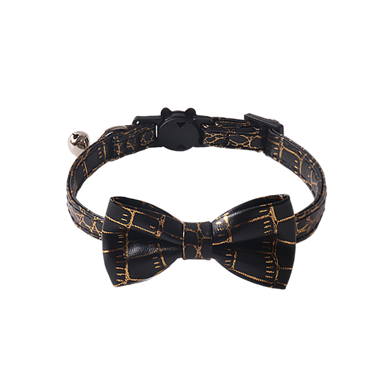 Fashion Cat Collar Cool PU Leather with Bow Tie Detachable Bell Safety Breakaway Gold Stamp Pattern Cat Collar Pet Gift for Boy Girl Cats Puppy Black 