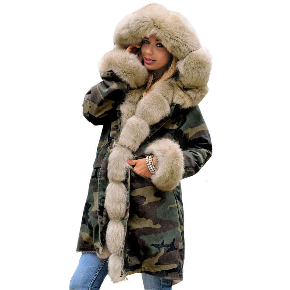 2022 Autumn/Winter New Slim Fit Warm Women's Camo Long Wool Collar Hooded Cotton Coat