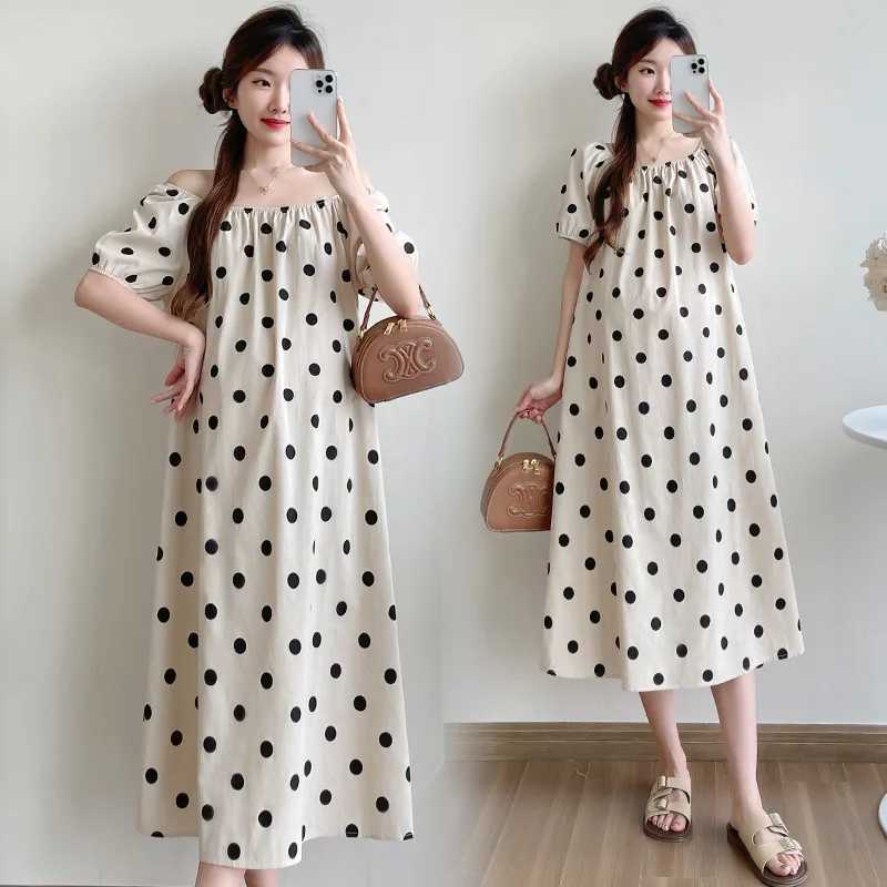Pregnant Women Summer New Wave Dot Cotton Linen Square Collar dress White Pocket Midi DressT250311