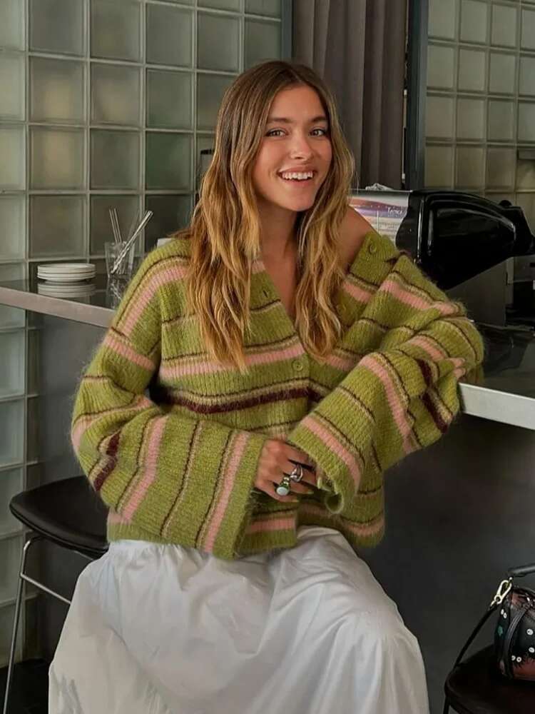 Stripe V Neck Women Sweater Single Breasted Loose Knitted Lady Cardigan 2024 Autumn Elegant Full Sleeve Female Coat