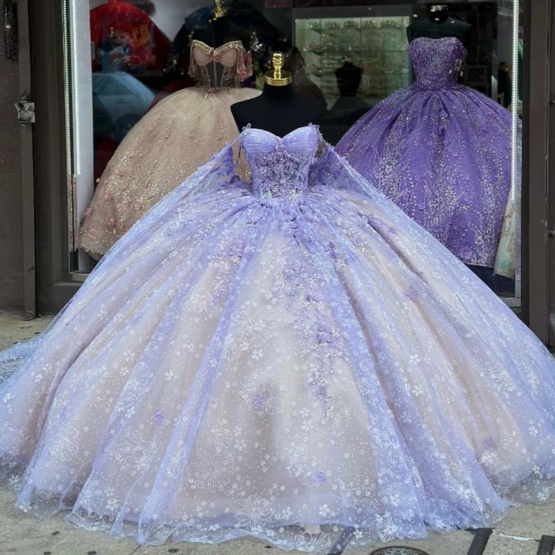 Lavender Lilac Quinceanera Dresses Ball Gown Applique Beading Tulle With Cape Corset Sweet 16 Dress Vestidos De XV 15 Anos