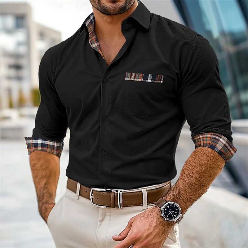 Mens formal shirt black navy blue brown khaki long sleeved plain collar spring autumn outdoor patch work front pocket shirt 6XL W250312