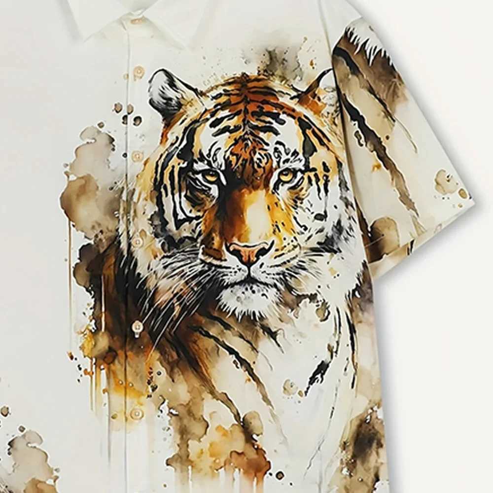 Painting tiger pattern mens retro short sleeved button down sweater summer holiday mens oversized shirt mens casual wear W250312