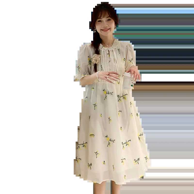 2024 Pregnant Womens Summer Clothing Ruffled Collar Chinese Style Fashion Maternity Floral Dress Sweet Pregnancy Midi DressesT250311