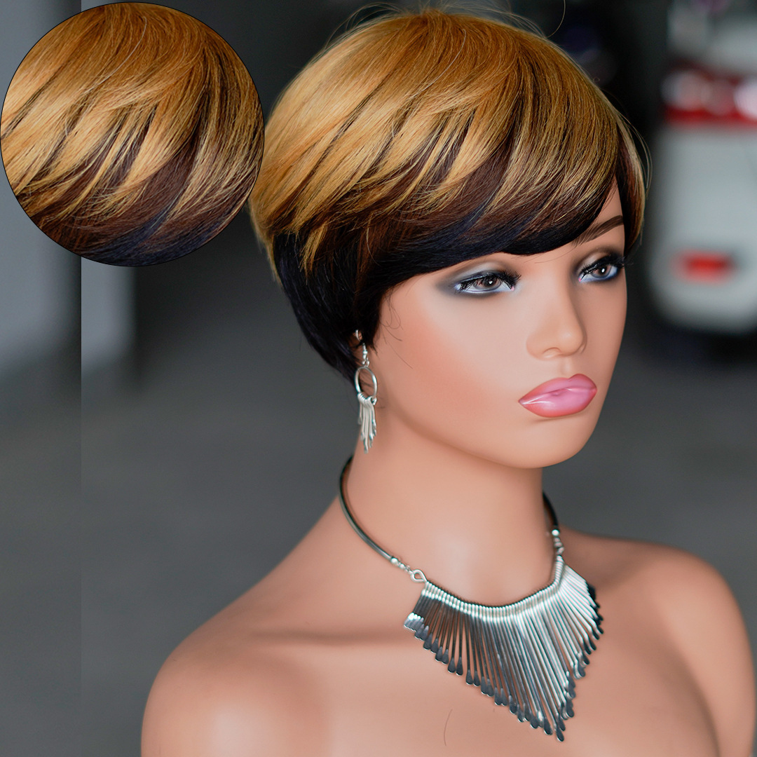 6 Inch Short Pixie Bob Wig 100% Human Hair Machine Made 3 Color Gradient Brown Ombre Full Cap Wig Ready to Ship for Women