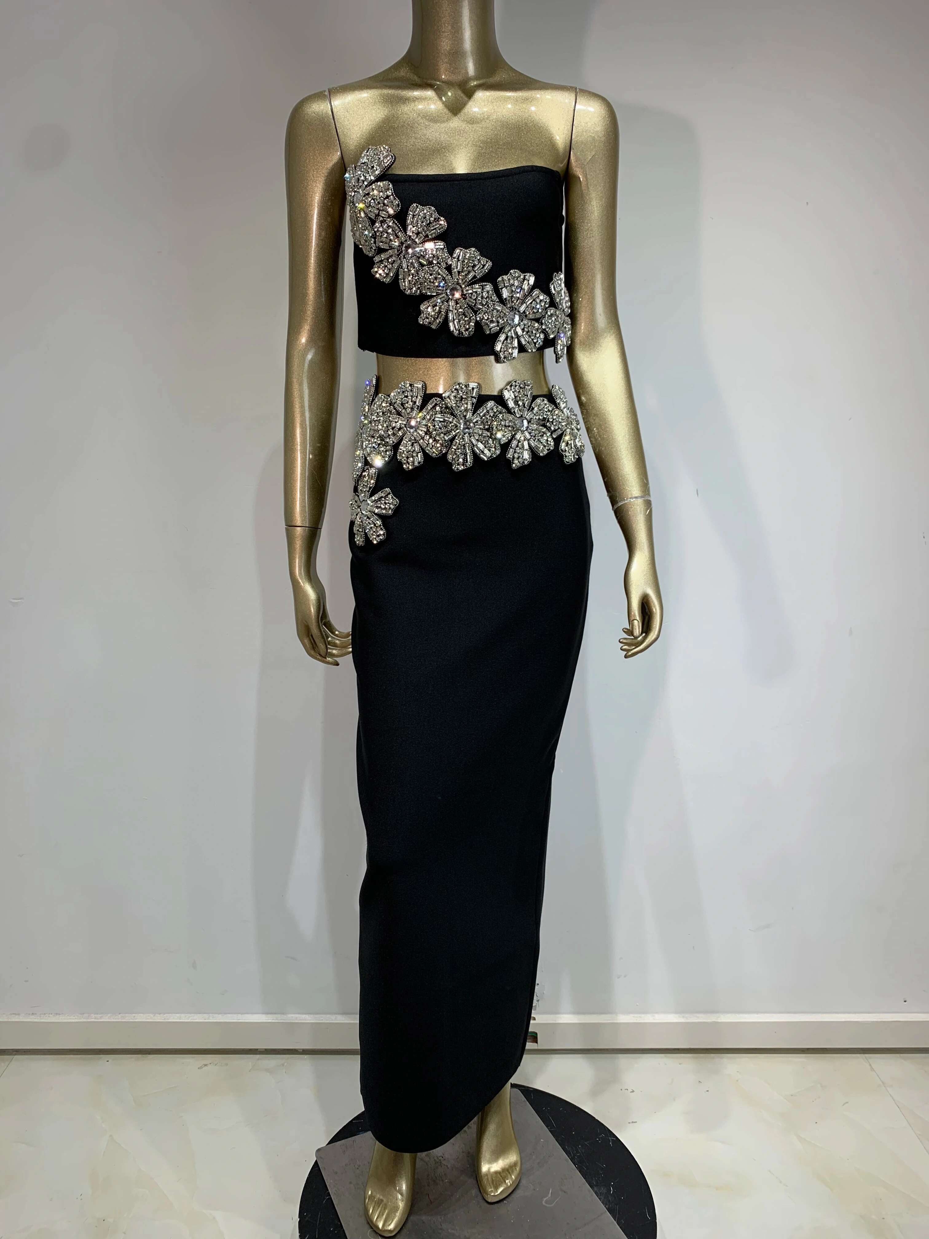 Women's Strapless Wer Dias Crystal Black Maxi Long Bandage Skirt Set 2024 Knitted Elegant Evening Club Party Clothing