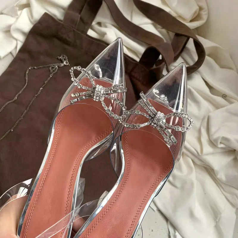 Fashion Rhinestones Bowknot Women Pumps Sexy clear PVC Slingback High heels Jelly Shoes Summer Ladies Wedding Bridal Shoes 250312