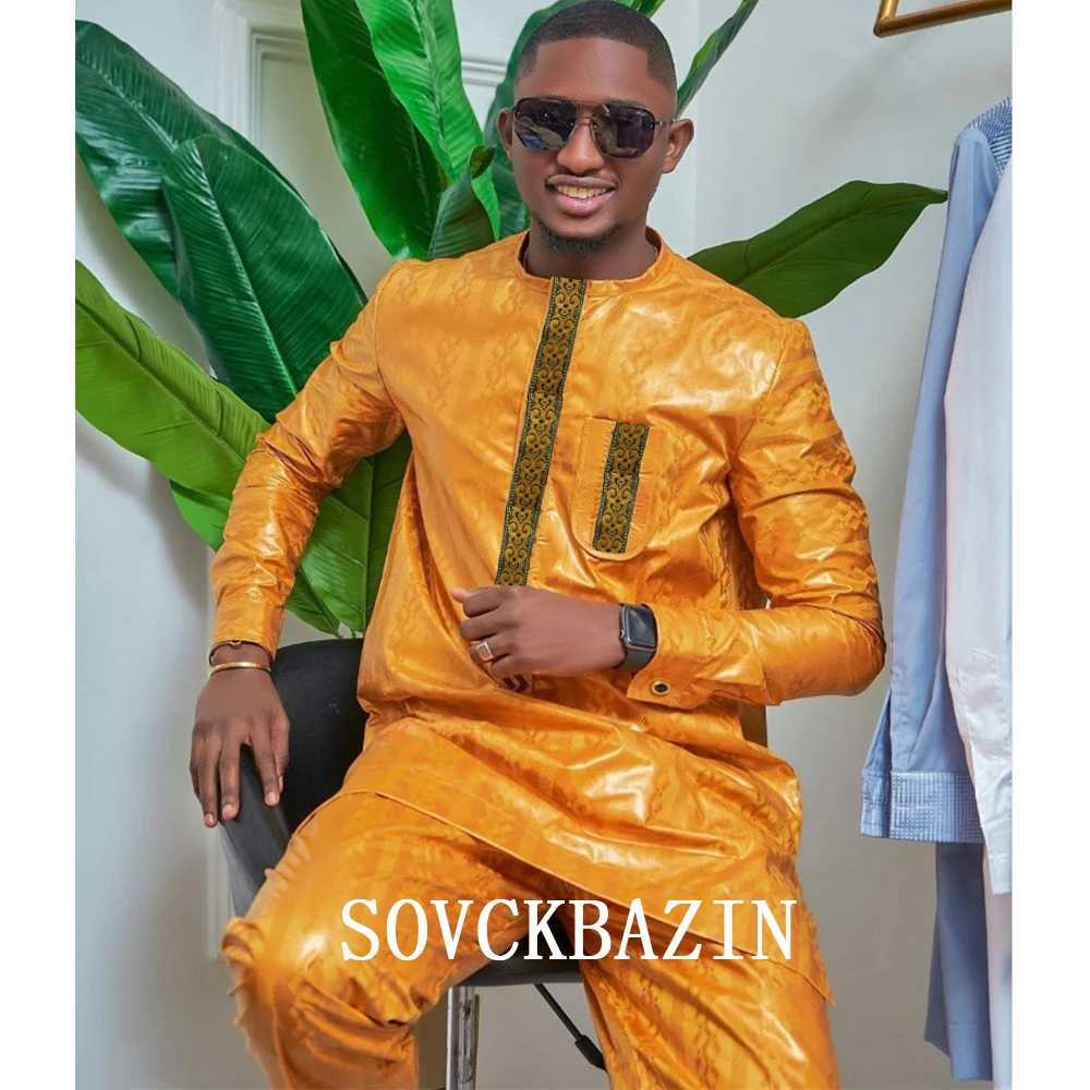 African Mens Top 2-piece Bazin Riche Mens Traditional Embroidered Shirt with Trouser Wedding Nigerian Robe X250313