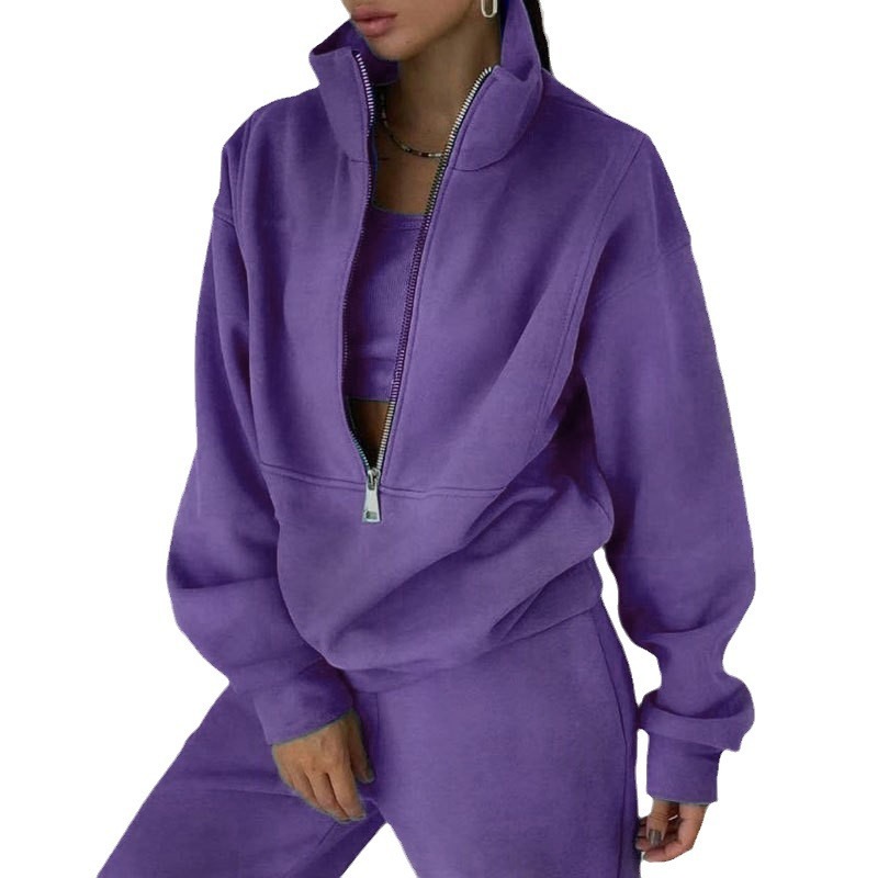2025 Fashion Fleece Sports Leisure Solid Color Stand Up Collar Spring Women's Set
