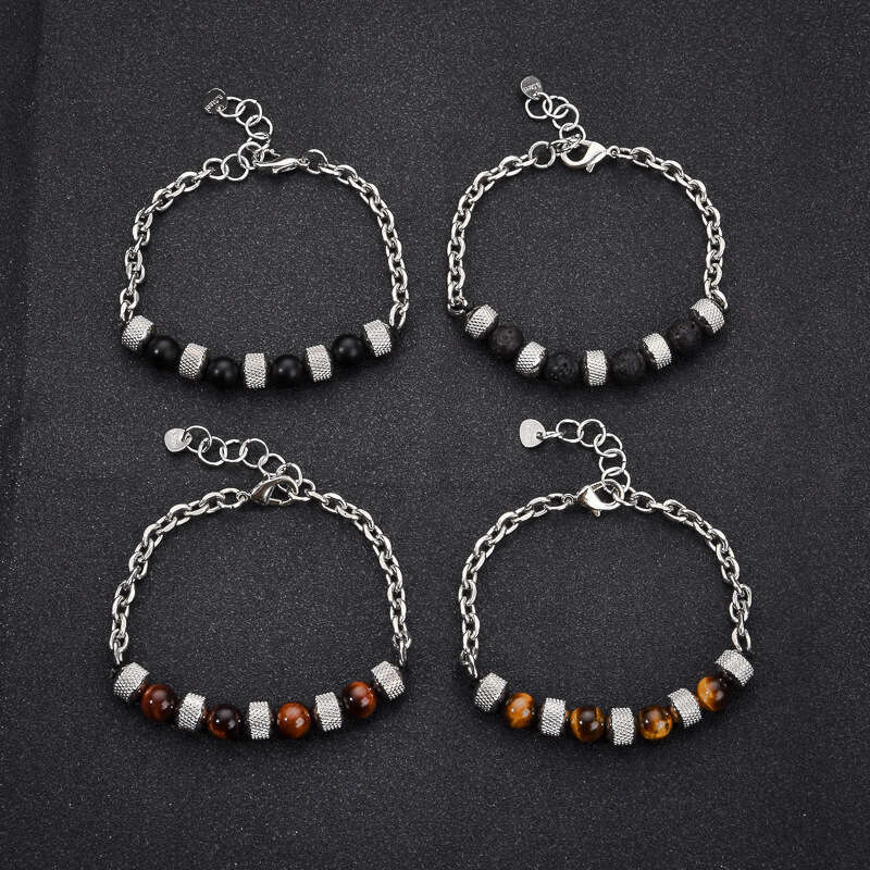 Men's Stainless Steel Tiger Eye Agate Volcanic Stone Adjustable Bead Bracelet Jewelry