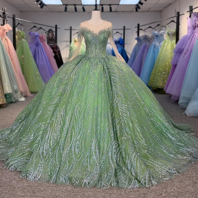 Sage Green Shiny Quinceanera Dresses Ball Gown Off The Shoulder Sequin Applique Beads Tull Party Birthday Sweet 16 Vestidos De 15 Anos