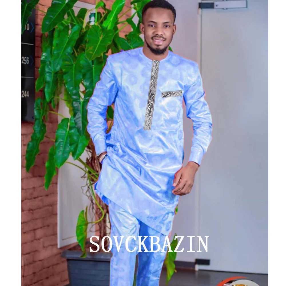 African Men Bazin Dashik Suit Clothing Casual 2 Pcs Set Shirt and Pant Nigerian Basin Men Outfit Party Wedding Clothes X250313