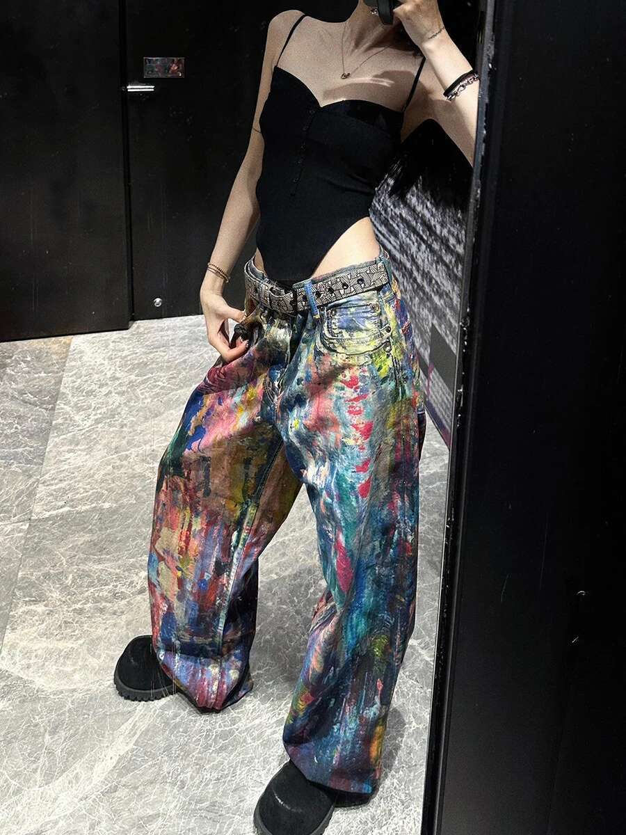 Unisex Aesthetic Paint Baggy Jeans Color Graffiti Straight Wide Leg Denim Pants Long Trousers Hip Hop Women Streetwear
