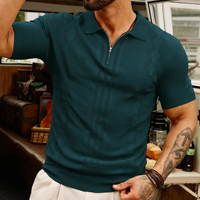 Summer Mens Clothing y Patchwork Knit Polo Shirt Leisure Zipper Short Sleeve Retro Geometric Fashion Knitwear 250313