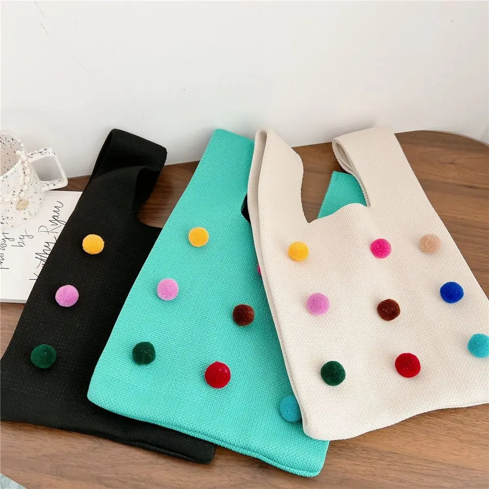 Mini Reusable Color Ball Shopping Bags Shoulder Bag Handmade Tote Bag Knit Handbag Knot Wrist Bag R250312