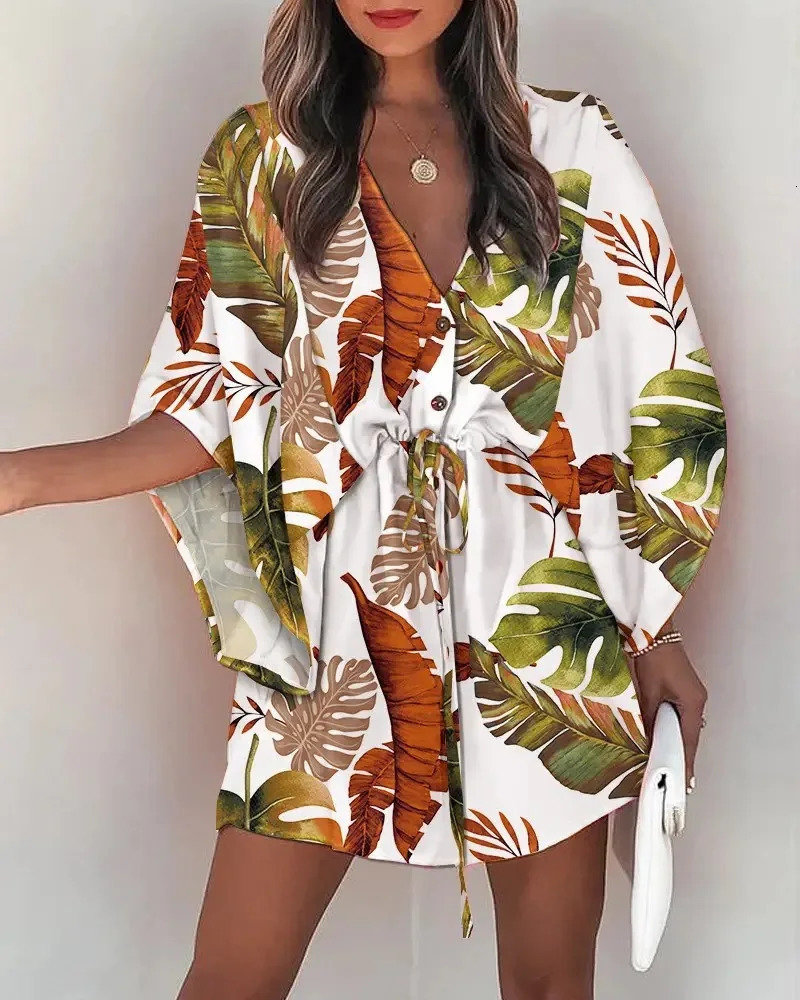 Womens summer dress floral print bat half sleeve Vneck ruffled irregular hem womens casual bohemian 250313
