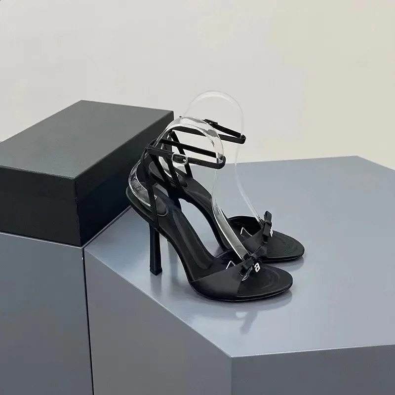 Summer Bow Satin Heels Feminine Rhinestone Letters Stiletto Heels Open-toe Sandals Black Pink womens shoes sandals 250310