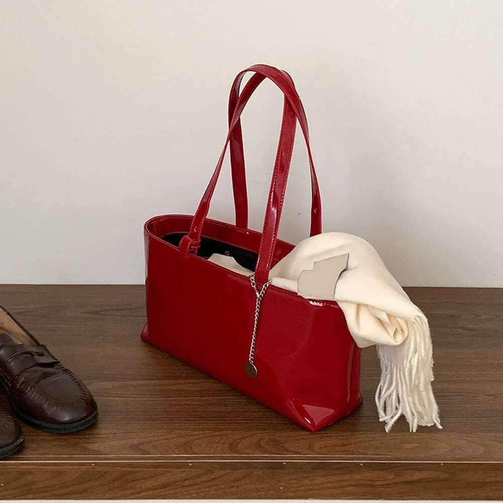 Women Patent Leather Large Capacity Simple Casual Tote Handbag Ladies Commute Bag
