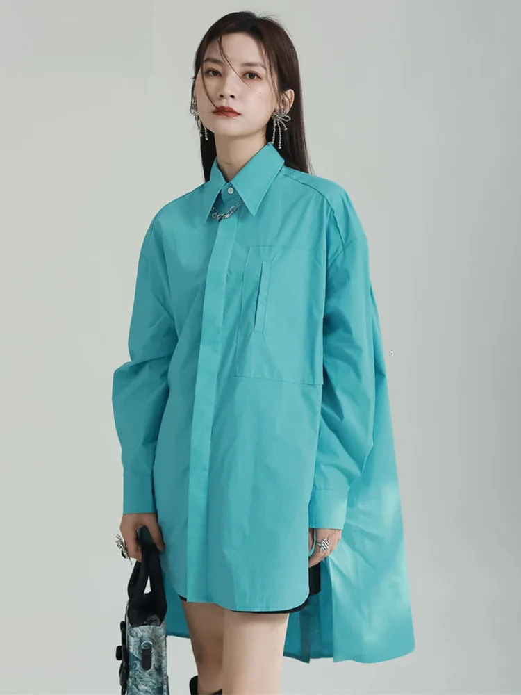 Women Blue Irregular Big Size Blouse New Lapel Long Sleeve Loose Fit Shirt Fashion Tide Spring Autumn 2025 1Df6598