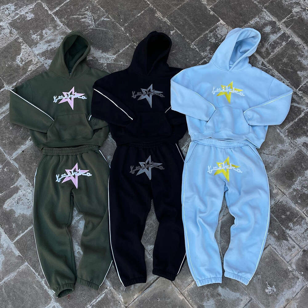 Ins trendy hooded autumn and winter style line letter star print loose long sleeved pullover hoodie set