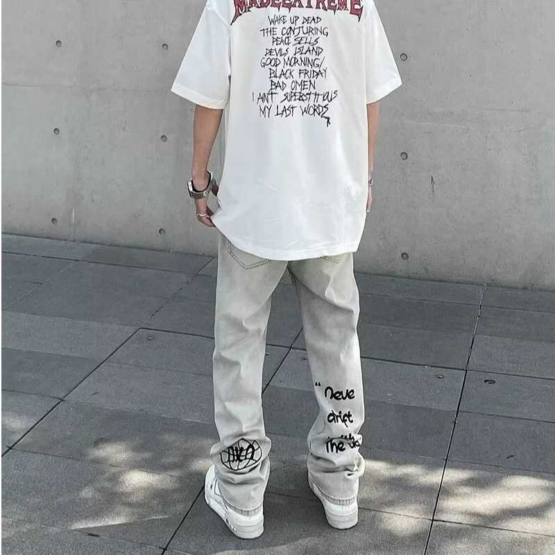 American Gothic Letter Mens Bag Jeans Y2K Retro Harajuku Straight Cowboy Hip Hop Fashion Printed Jeans Mens Pants X250313
