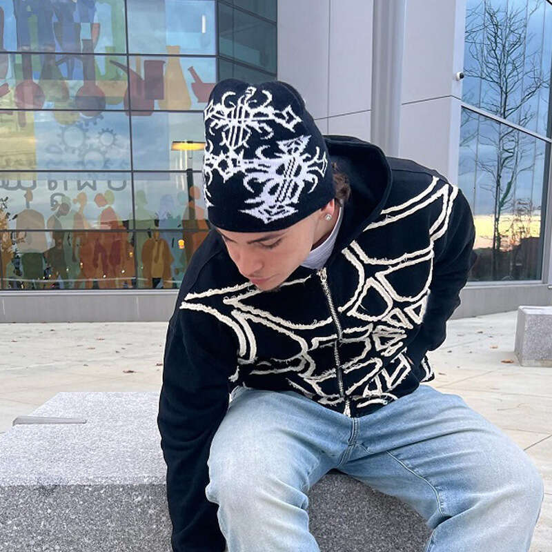 Wind autumn and winter spider print patchwork design loose zipper hooded trendy sports street unisex hoodie