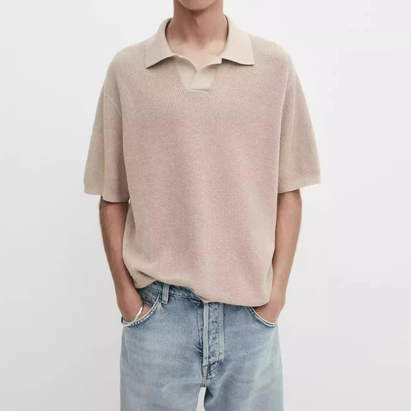 Fashion solid color knitted polo shirt mens spring and summer casual collar jumping top breathable 250313