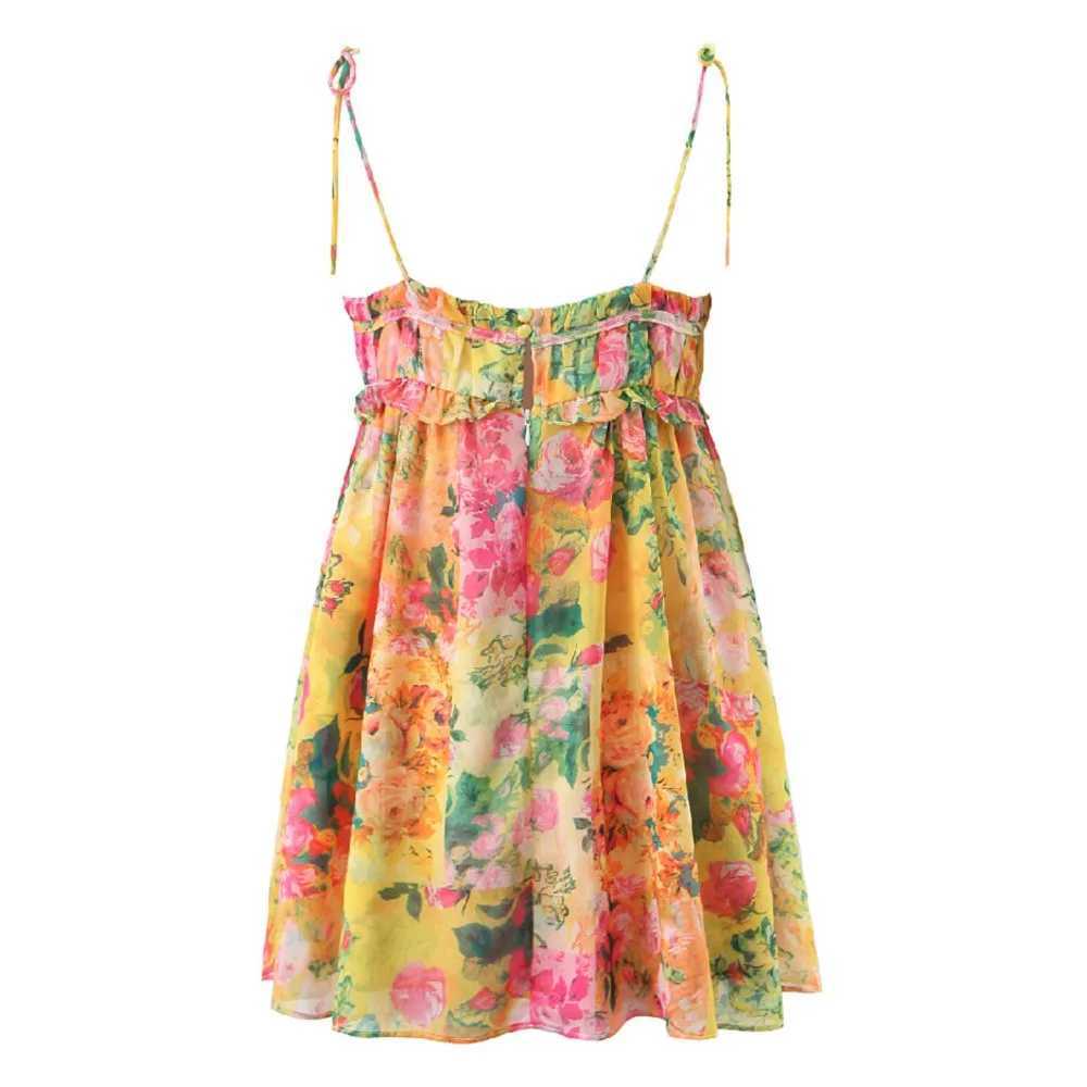 Urban Sexy Dresses Womens Bow Lace Strap Holiday Robe BOHO Ruched Chest Orange Flower Print spaghetti Strap Mini Dr Y2403125J06