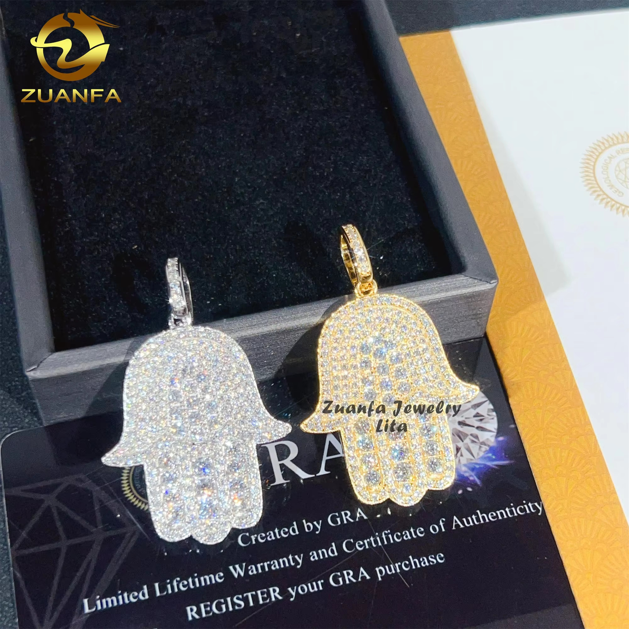 Hip Hop Fashion Rapper Charm 925 Sterling Silver Iced Out Diamond Moissanite Hamsa Hand Pendant