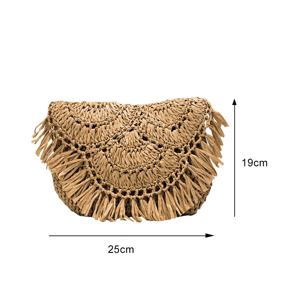 Summer Beach Vacation Women Tassels Woven Bag Straw Rattan Weave Shoulder Crossbody Bags Ladies Fashion Tassels Handbags Purse R250312