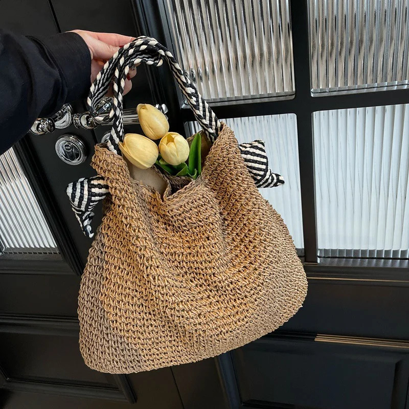 Straw Woven Straw Beach Bag Fashion Large Capacity Knot Shoulder Straps Single Shoulder Bag Tote Bag Travel 250312