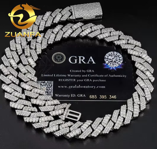 Mix Cut Design3 Row 15MM Solid 925 Silver Cuban Link Moissanite GRA Certified Hip Hop Moissanite Chain Necklace