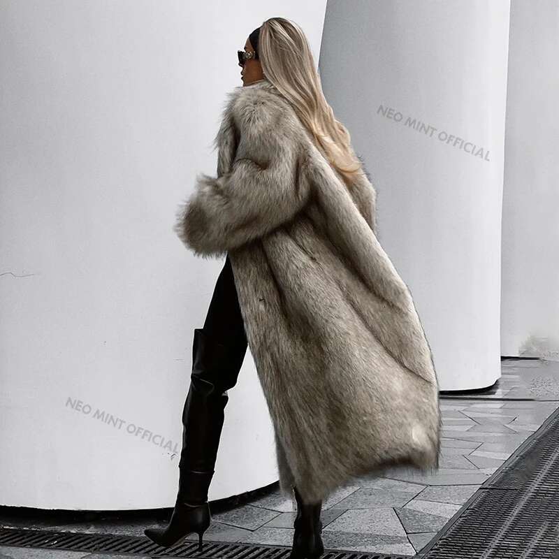 Neo Mint Mob Wife Aesthetic Long Faux Coat Women Winter 2024 Fluffy Gradient Fox Fur Jacket Female Furry Overcoat