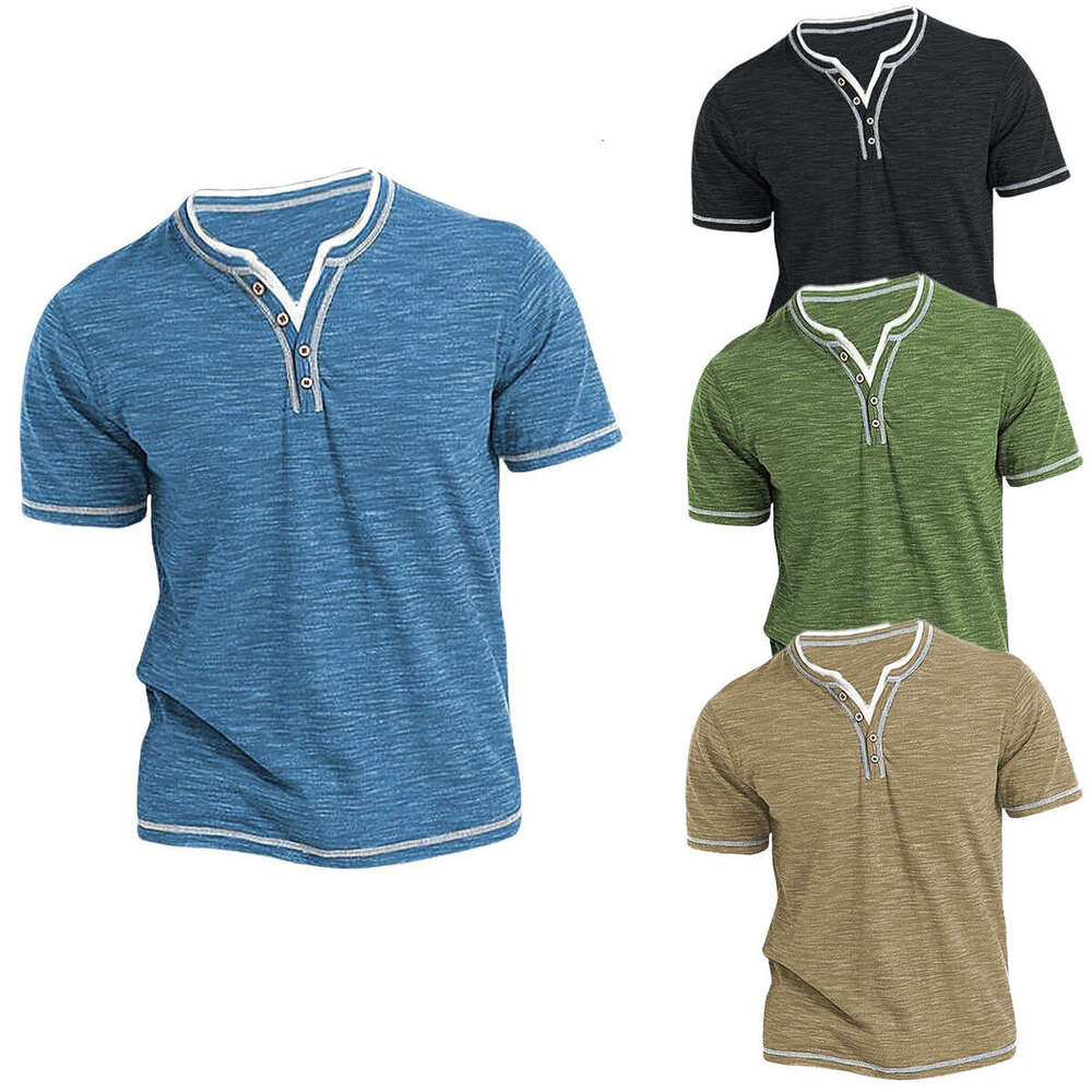 color cotton small V-neck open collar men's short sleeved Henley T-shirt 2025 new casual versatile fashion clothing