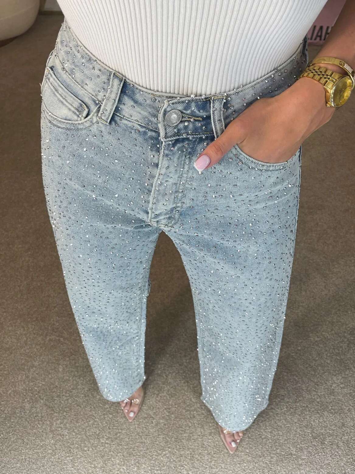 JHJN Jeans For Flash Of Light Girl Quality Hot Stamping Street High Waist Wide Leg Pants Women Brand