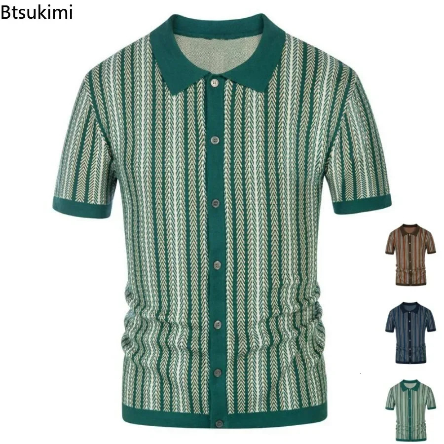 Mens summer casual striped shirt knitted retro British breathable patch work short sleeved jacquard business polo 250313