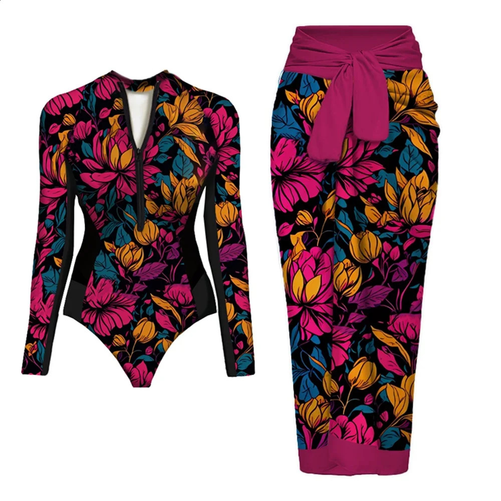 Long Sleeve Vintage Print One Piece Swimwear Zipper Conservatism Women Bathing Suit And Wrap Skirt Surfing Swim 250313