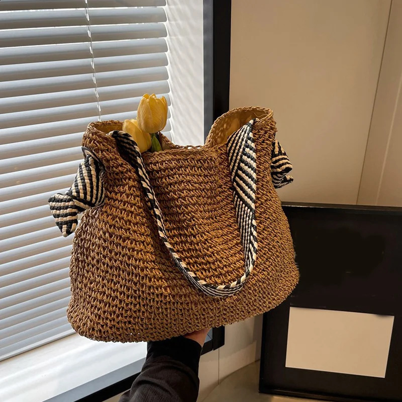 Straw Woven Straw Beach Bag Fashion Large Capacity Knot Shoulder Straps Single Shoulder Bag Tote Bag Travel 250312