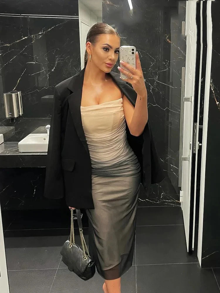 TRAFZA Womens Gradient Printed Tulle Halter Midi Dress Fashion Sexy Backless Spaghetti Strap Summer Party Slim Dresses 250313