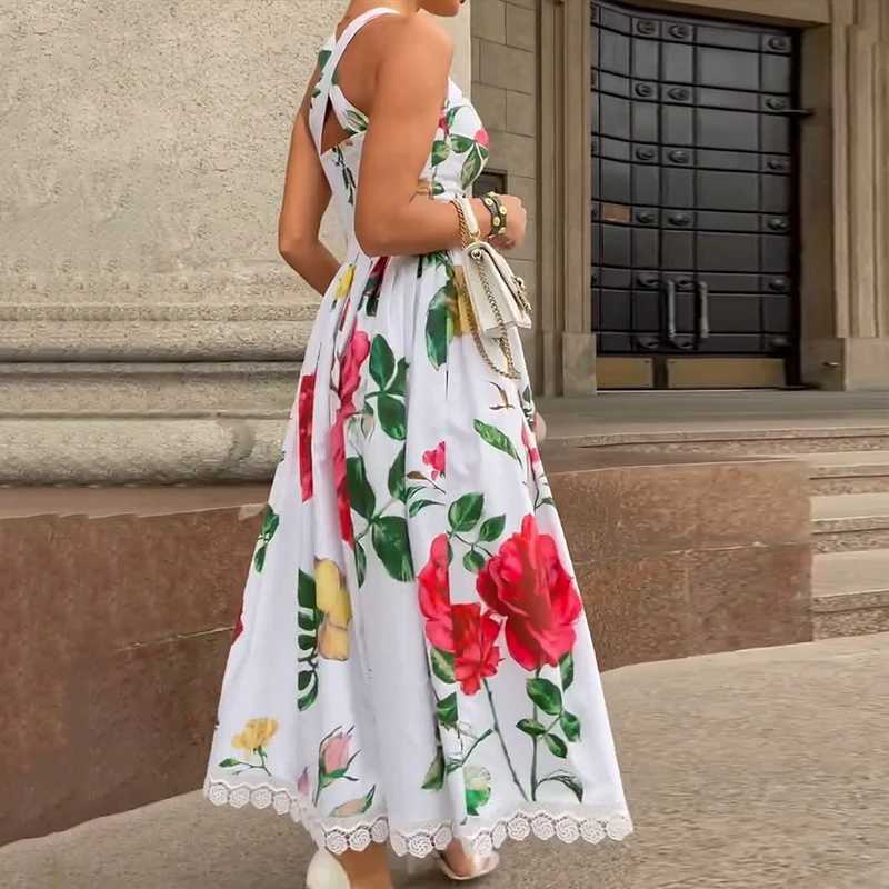 Urban Sexy Dresses Ellafads Maxi Dr Womens Summer Elegant Floral Print Halter Slvel Nipped Waist Pleated Party Holiday Dress Strtwear Y240312Z160