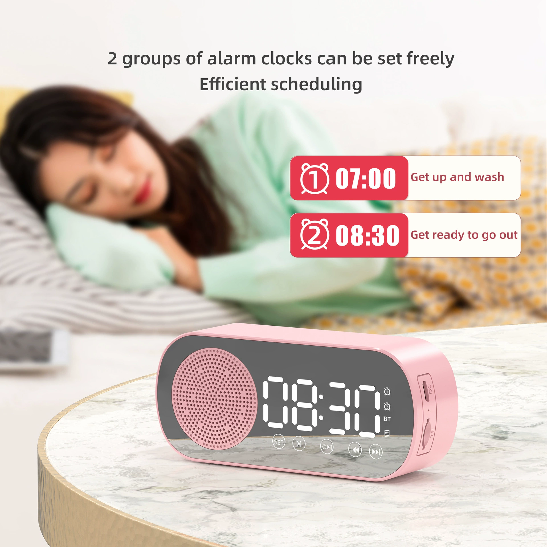 Smart Bluetooth Speaker Clock with Mirror Display, Dual Alarms & HIFI Bass | Portable Compact Desk Gadget for Home/Travel, FM/TF Card Music Gift Idea